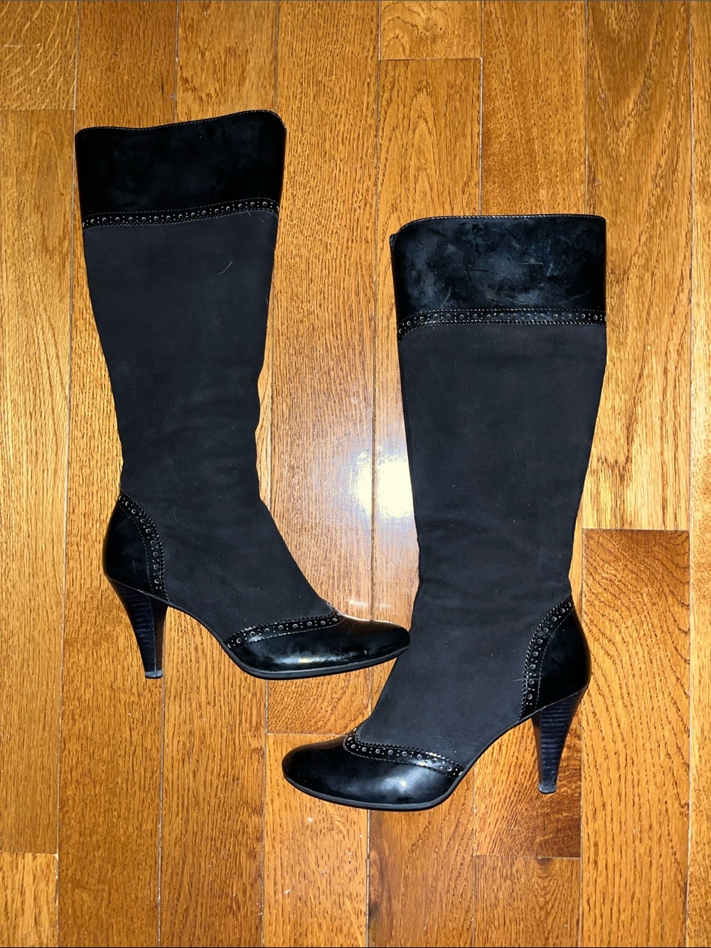 Women's Maxie Black Knee-High Heeled Boots - Elegant Suede and Patent Accent